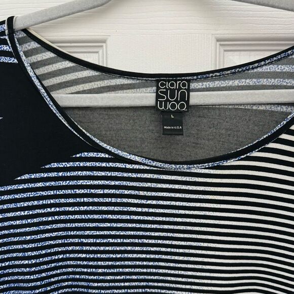 Clara SunWoo Asymmetrical Striped Tunic Top Size Large Blue and Black Artsy - Picture 3 of 6